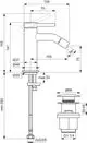 Bidetarmatur aus Chrom mit einem Höhenmaß von 165 mm. Ideal Standard, ausgestattet mit einem flexiblen Brauseschlauch und einem Ablaufventil. Technische Zeichnung inklusive Montagedetails.